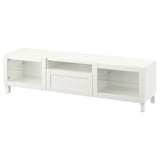 BESTÅ Banc TV, blanc/Hanviken/Stubbarp blanc verre transparent, 180x42x48 cm