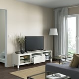 BESTÅ Banc TV, blanc/Hanviken/Stubbarp blanc verre transparent, 180x42x48 cm