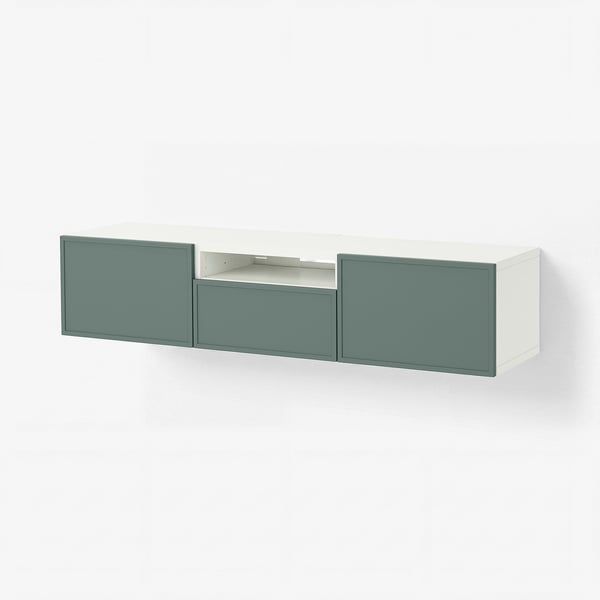 BESTÅ Banc TV, blanc/Krukmakare gris-vert foncé, 180x42x39 cm