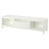 BESTÅ Banc TV, blanc/Lappviken/Stubbarp blanc verre transparent, 180x42x48 cm