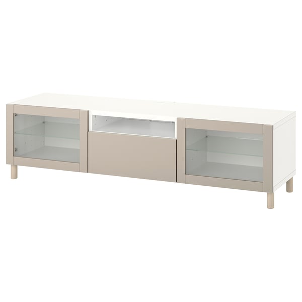 BESTÅ Banc TV, blanc Sindvik/Lappviken/Mejarp gris clair/beige, 180x42x48 cm