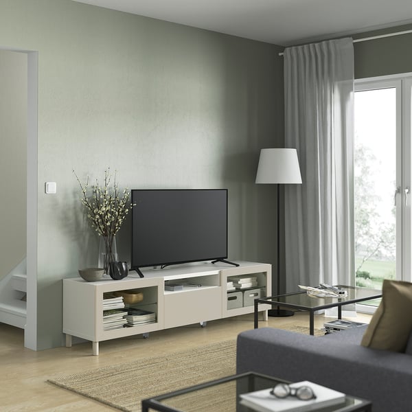 BESTÅ Banc TV, blanc Sindvik/Lappviken/Mejarp gris clair/beige, 180x42x48 cm