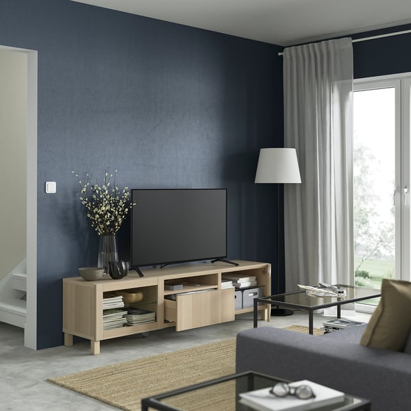 BESTÅ Banc TV, effet chêne blanchi/Lappviken/Stubbarp motif chêne blanchi verre transp, 180x42x48 cm