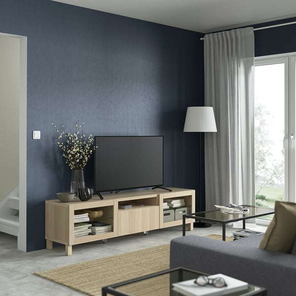 BESTÅ Banc TV, effet chêne blanchi/Lappviken/Stubbarp motif chêne blanchi verre transp, 180x42x48 cm