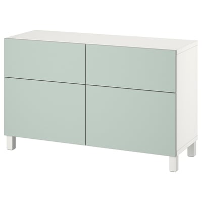 BESTÅ Combi rangement portes/tiroirs, blanc/Hjortviken/Stubbarp gris-vert pâle, 120x42x74 cm