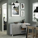 BESTÅ Combi rangement portes/tiroirs, blanc Kallviken/Stubbarp/gris clair imitation ciment, 120x42x74 cm