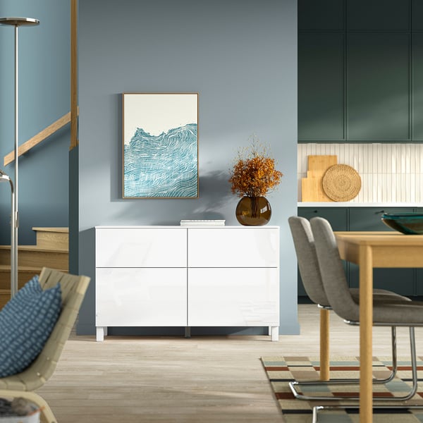 BESTÅ Combi rangement portes/tiroirs, blanc/Selsviken/Stubbarp blanc, 120x42x75 cm