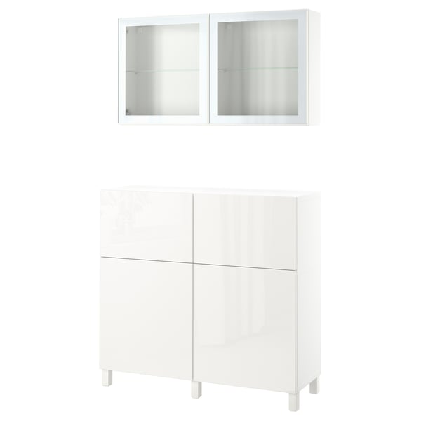 BESTÅ Combi rangement portes/tiroirs, blanc/Selsviken/Stubbarp brillant/blanc verre transparent, 120x42x213 cm
