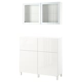 BESTÅ Combi rangement portes/tiroirs, blanc/Selsviken/Stubbarp brillant/blanc verre transparent, 120x42x213 cm