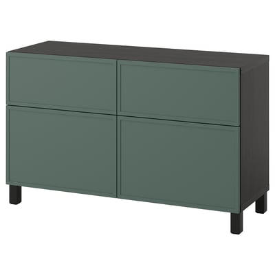 BESTÅ Combi rangement portes/tiroirs, brun noir/Krukmakare gris-vert foncé, 120x42x74 cm