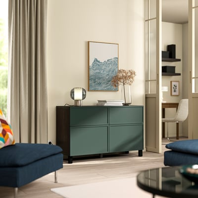 BESTÅ Combi rangement portes/tiroirs, brun noir/Krukmakare gris-vert foncé, 120x42x74 cm