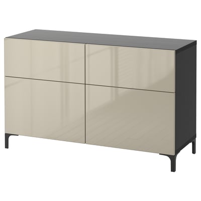 BESTÅ Combi rangement portes/tiroirs, brun noir/Selsviken brillant/beige, 120x42x74 cm
