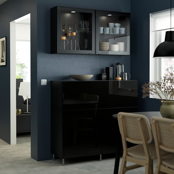 BESTÅ Combi rangement portes/tiroirs, brun noir/Selsviken/Ösarp brillant/noir verre transparent, 120x42x213 cm