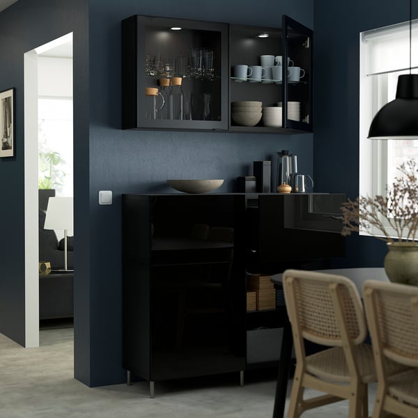 BESTÅ Combi rangement portes/tiroirs, brun noir/Selsviken/Ösarp brillant/noir verre transparent, 120x42x213 cm