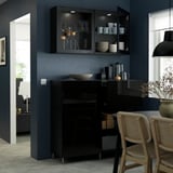 BESTÅ Combi rangement portes/tiroirs, brun noir/Selsviken/Ösarp brillant/noir verre transparent, 120x42x213 cm