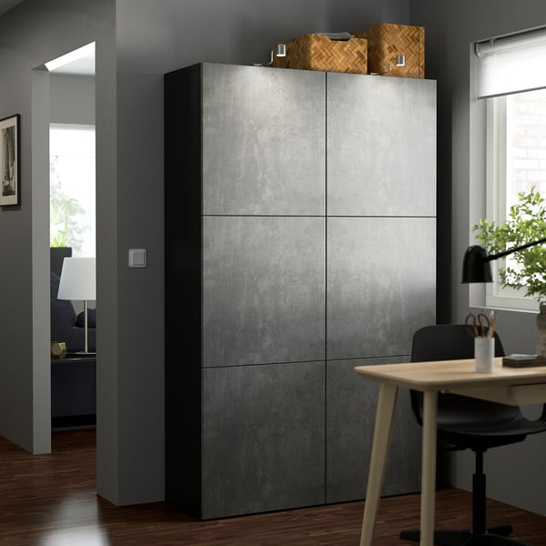 BESTÅ Combinaison rangement portes, brun noir Kallviken/gris foncé imitation ciment, 120x42x193 cm