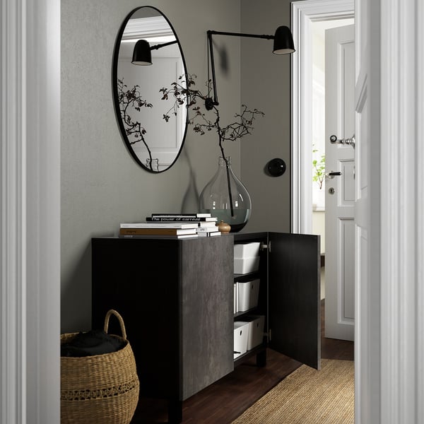 BESTÅ Combinaison rangement portes, brun noir Kallviken/Stubbarp/gris foncé imitation ciment, 120x42x74 cm