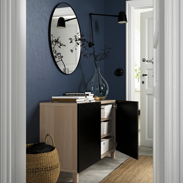 BESTÅ Combinaison rangement portes, effet chêne blanchi/Laxviken/Stubbarp noir, 120x42x74 cm