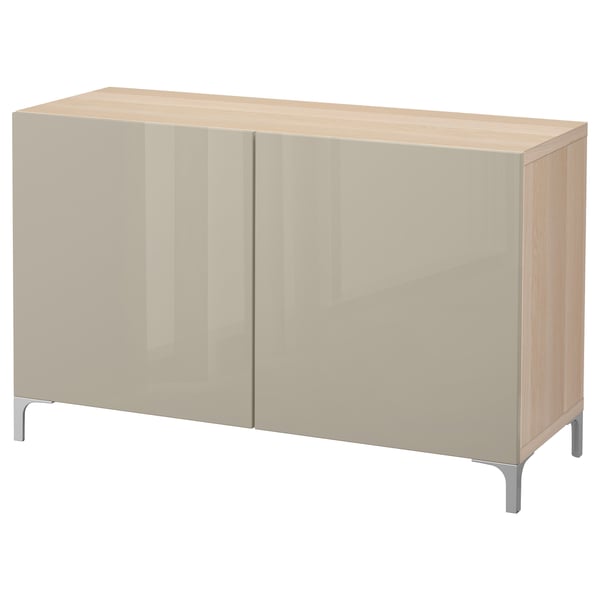 BESTÅ Combinaison rangement portes, effet chêne blanchi/Selsviken brillant/beige, 120x42x74 cm