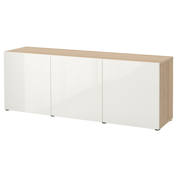 BESTÅ Combinaison rangement portes, effet chêne blanchi/Selsviken brillant/blanc, 180x42x65 cm