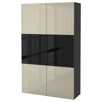 BESTÅ Combinaison rangement ptes vitrées, brun noir/Selsviken brillant/beige verre fumé, 120x42x193 cm
