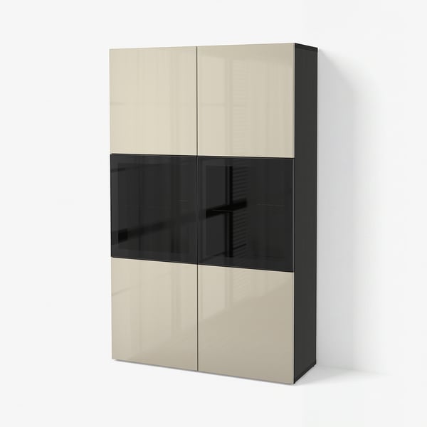 BESTÅ Combinaison rangement ptes vitrées, brun noir/Selsviken brillant/beige verre transparent, 120x42x193 cm