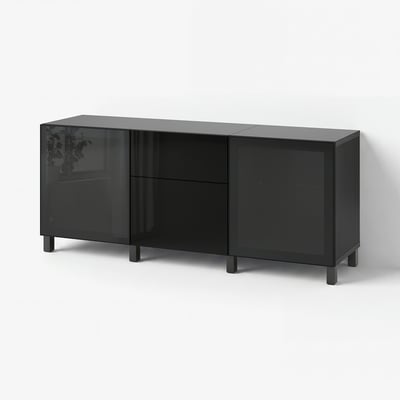 BESTÅ Combinaison rangement tiroirs, brun noir/Selsviken/Stubbarp brillant/noir verre fumé, 180x42x74 cm