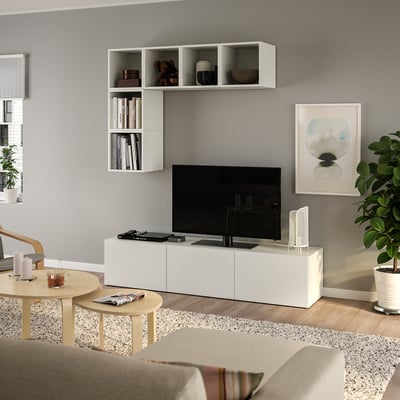 BESTÅ / EKET Combinaison meuble TV, blanc/Valviken, 180x42x185 cm