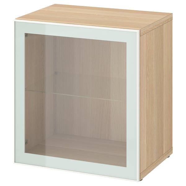 BESTÅ Étagère avec porte vitrée, effet chêne blanchi Glassvik/blanc/vert clair verre transparent, 60x42x64 cm