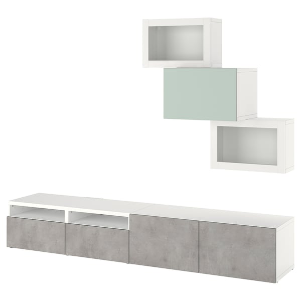 BESTÅ Rangement TV/vitrines, blanc Kallviken/Hjortviken gris-vert clair, 240x42x190 cm