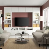 BESTÅ Rangement TV/vitrines, blanc/Lappviken blanc verre transparent, 300x42x231 cm