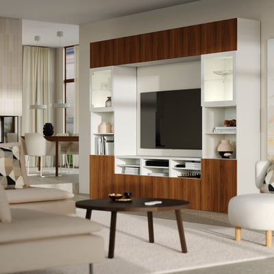 BESTÅ Rangement TV/vitrines, blanc Lappviken/motif noyer verre transparent, 300x42x231 cm