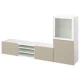 BESTÅ Rangement TV/vitrines, blanc/Selsviken brillant/beige verre givré, 240x42x129 cm