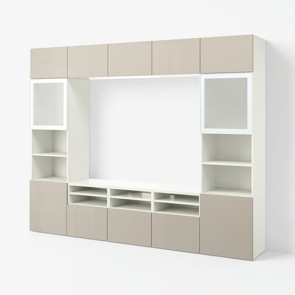 BESTÅ Rangement TV/vitrines, blanc/Selsviken brillant/beige verre givré, 300x42x231 cm