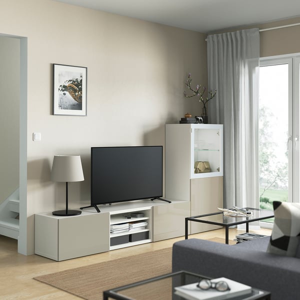 BESTÅ Rangement TV/vitrines, blanc/Selsviken brillant/beige verre transparent, 240x42x129 cm