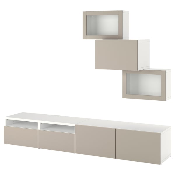 BESTÅ Rangement TV/vitrines, blanc Sindvik/Lappviken beige-gris clair, 240x42x190 cm