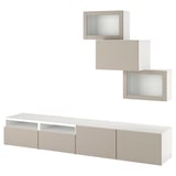 BESTÅ Rangement TV/vitrines, blanc Sindvik/Lappviken beige-gris clair, 240x42x190 cm