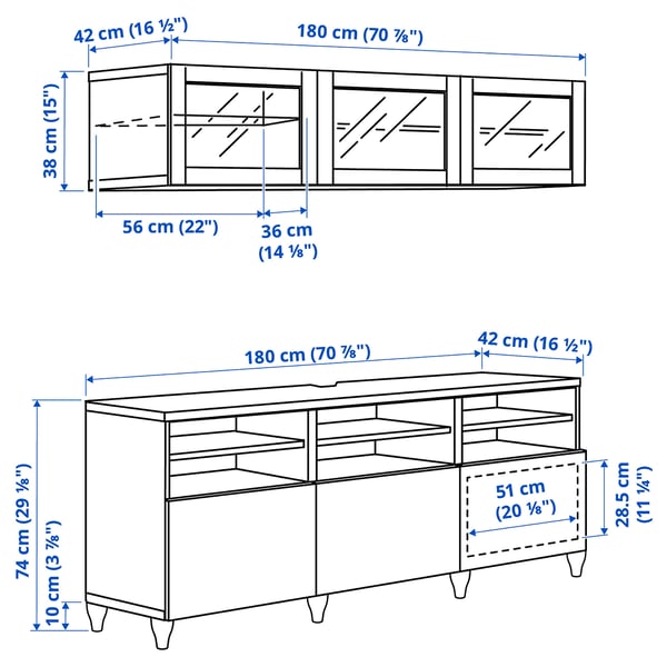 BESTÅ Rangement TV/vitrines, blanc/Sutterviken/Kabbarp blanc verre transparent, 180x42x192 cm