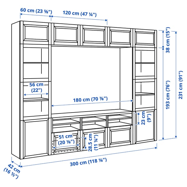 BESTÅ Rangement TV/vitrines, blanc Sutterviken/Sindvik blanc verre transparent, 300x42x231 cm