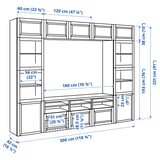 BESTÅ Rangement TV/vitrines, blanc Sutterviken/Sindvik blanc verre transparent, 300x42x231 cm