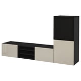 BESTÅ Rangement TV/vitrines, brun noir/Selsviken brillant/beige verre fumé, 240x42x129 cm