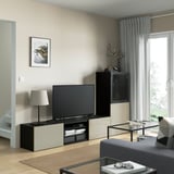 BESTÅ Rangement TV/vitrines, brun noir/Selsviken brillant/beige verre fumé, 240x42x129 cm