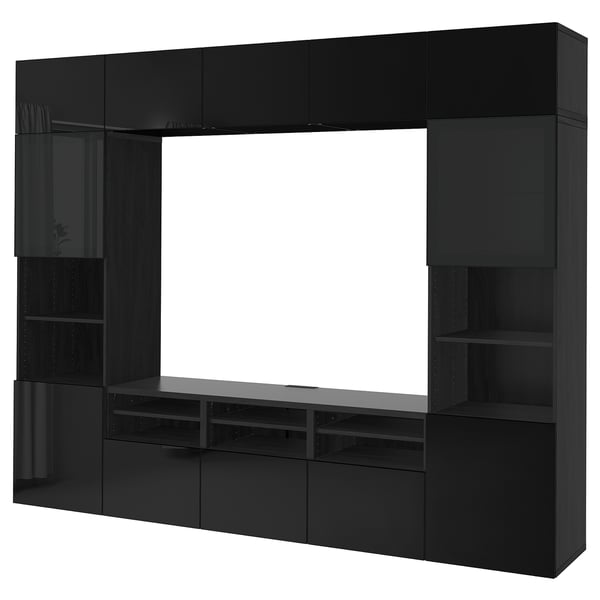 BESTÅ Rangement TV/vitrines, brun noir/Selsviken brillant/noir verre fumé, 300x42x231 cm