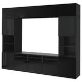 BESTÅ Rangement TV/vitrines, brun noir/Selsviken brillant/noir verre fumé, 300x42x231 cm