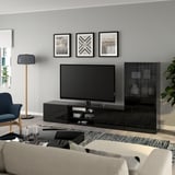 BESTÅ Rangement TV/vitrines, brun noir/Selsviken brillant/noir verre fumé, 240x42x129 cm