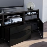 BESTÅ Rangement TV/vitrines, brun noir/Selsviken brillant/noir verre fumé, 180x42x192 cm
