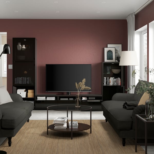 BESTÅ Rangement TV/vitrines, brun noir/Selsviken brillant/noir verre fumé, 300x42x193 cm