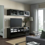 BESTÅ Rangement TV/vitrines, brun noir/Selsviken brillant/noir verre transparent, 180x42x192 cm