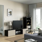 BESTÅ Rangement TV/vitrines, brun noir Sindvik/Lappviken gris clair/beige, 240x42x129 cm