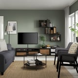 BESTÅ Rangement TV/vitrines, brun noir Sindvik/Studsviken brun foncé, 240x42x190 cm